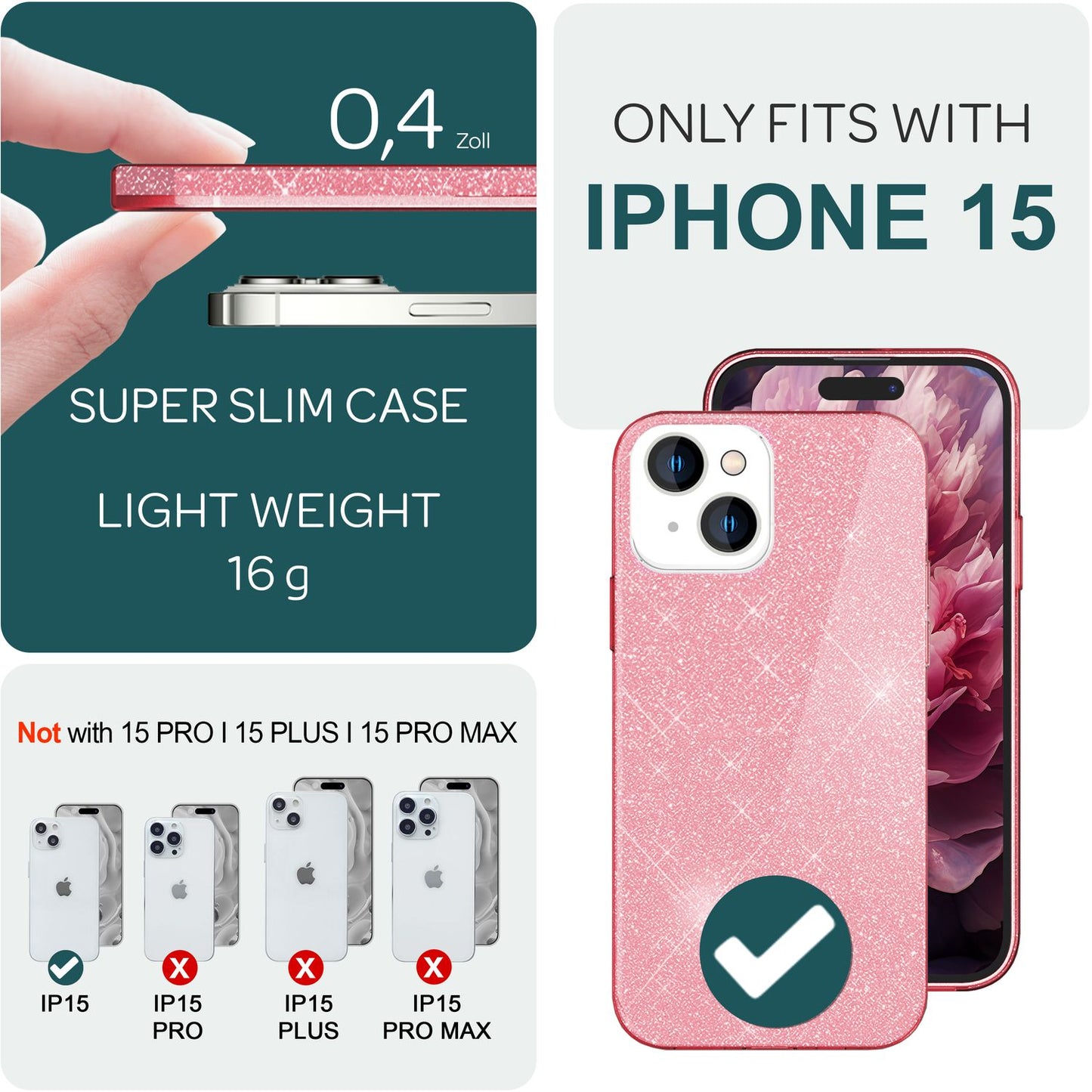 NALIA Glitzerhülle für iPhone 15 – Funkelnder Glitzer-Look & Grip – SHINEPOP (Silikon Case) – Marke aus Berlin