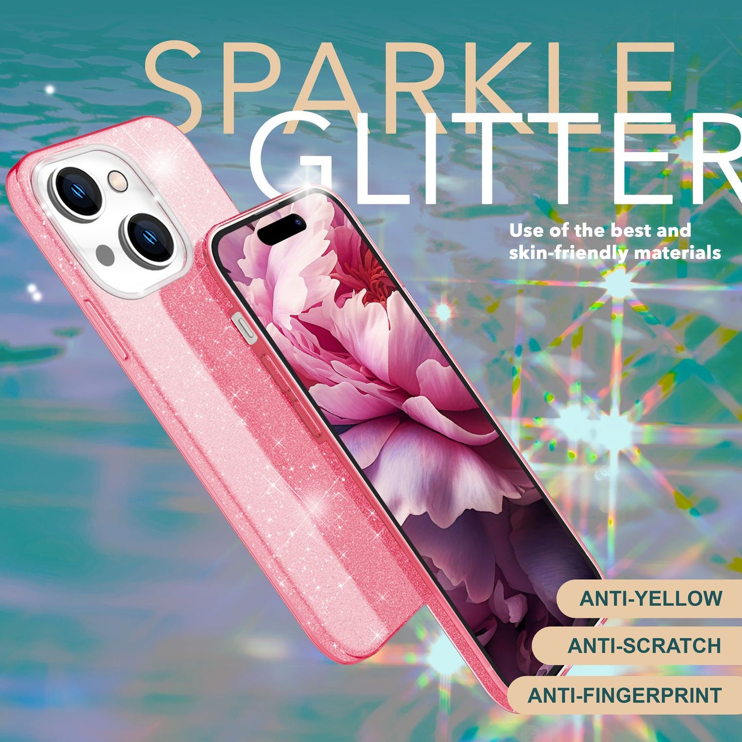 NALIA Glitzerhülle für iPhone 15 – Funkelnder Glitzer-Look & Grip – SHINEPOP (Silikon Case) – Marke aus Berlin