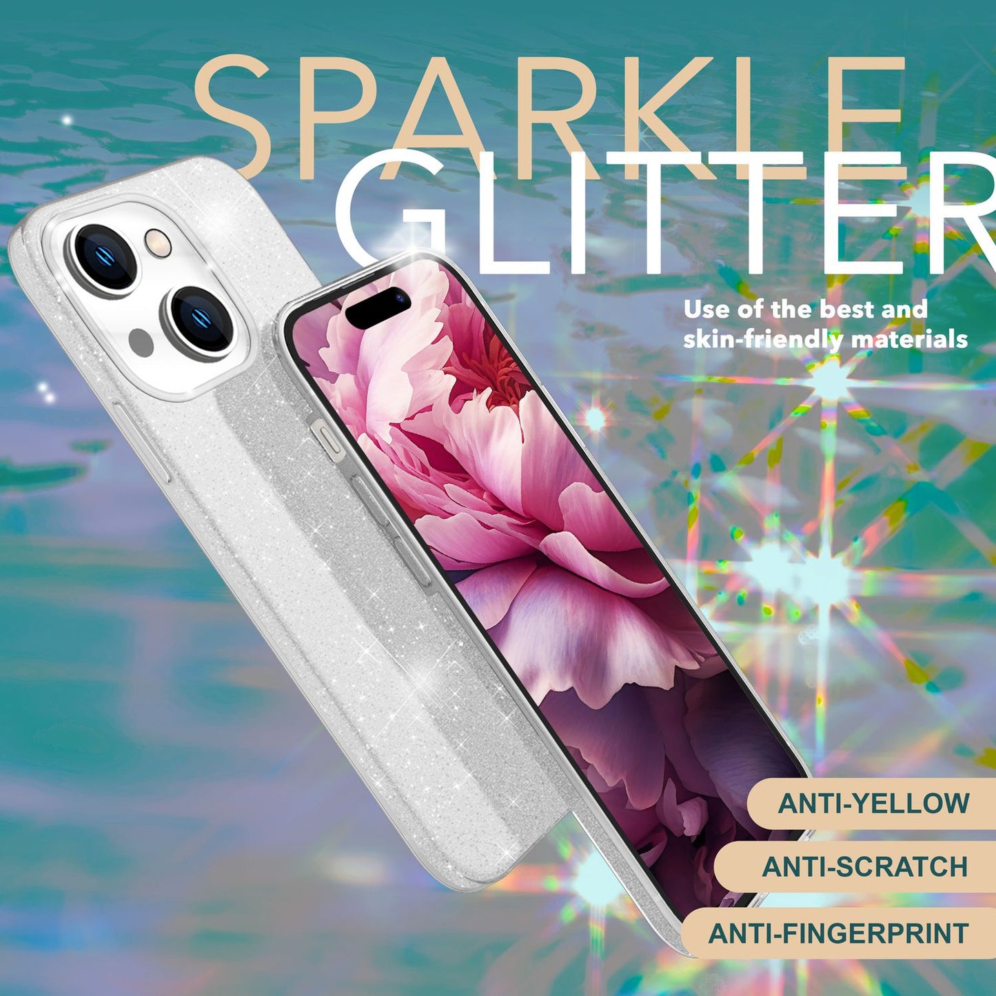 NALIA Glitzerhülle für iPhone 15 – Funkelnder Glitzer-Look & Grip – SHINEPOP (Silikon Case) – Marke aus Berlin