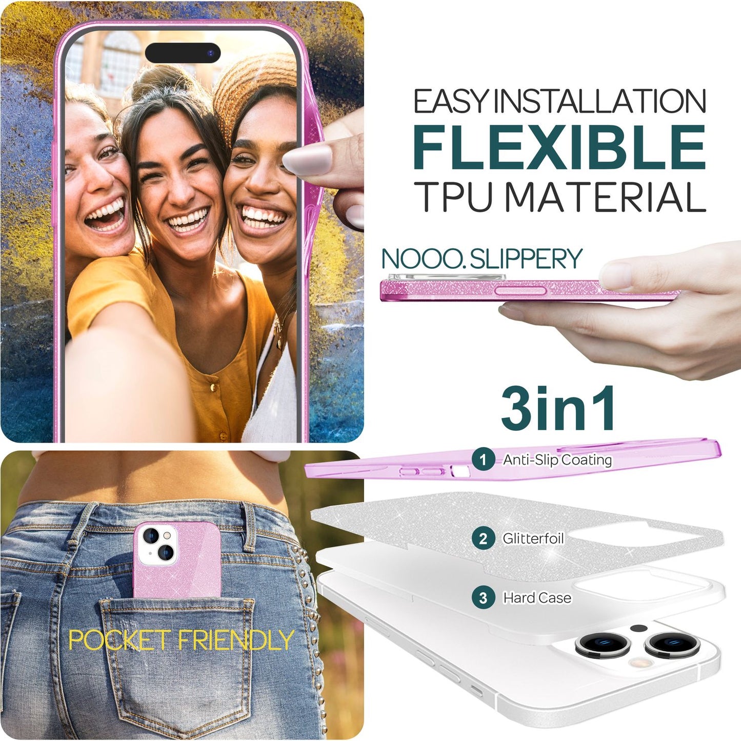 NALIA Glitzerhülle für iPhone 15 – Funkelnder Glitzer-Look & Grip – SHINEPOP (Silikon Case) – Marke aus Berlin