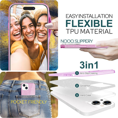 NALIA Glitzerhülle für iPhone 15 – Funkelnder Glitzer-Look & Grip – SHINEPOP (Silikon Case) – Marke aus Berlin