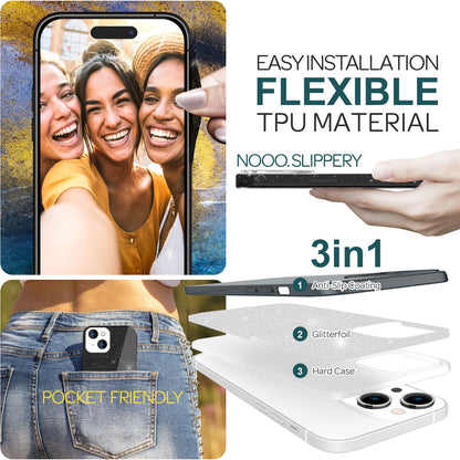 NALIA Glitzerhülle für iPhone 15 – Funkelnder Glitzer-Look & Grip – SHINEPOP (Silikon Case) – Marke aus Berlin