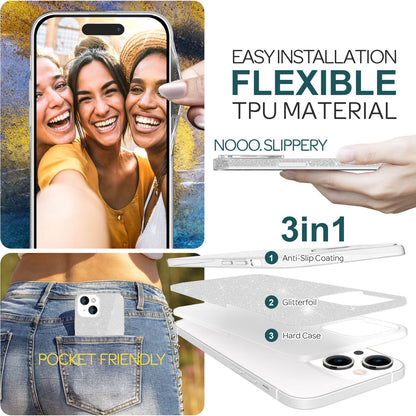NALIA Glitzerhülle für iPhone 15 – Funkelnder Glitzer-Look & Grip – SHINEPOP (Silikon Case) – Marke aus Berlin