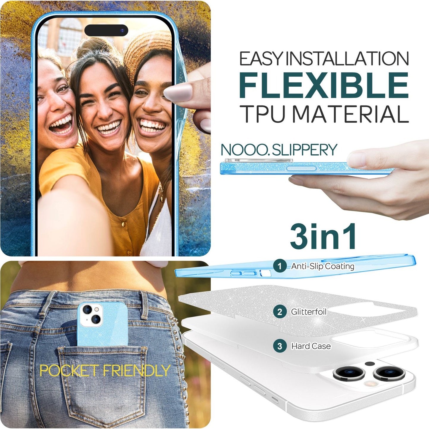 NALIA Glitzerhülle für iPhone 15 Plus – Funkelnder Glitzer-Look & Grip – SHINEPOP (Silikon Case) – Marke aus Berlin