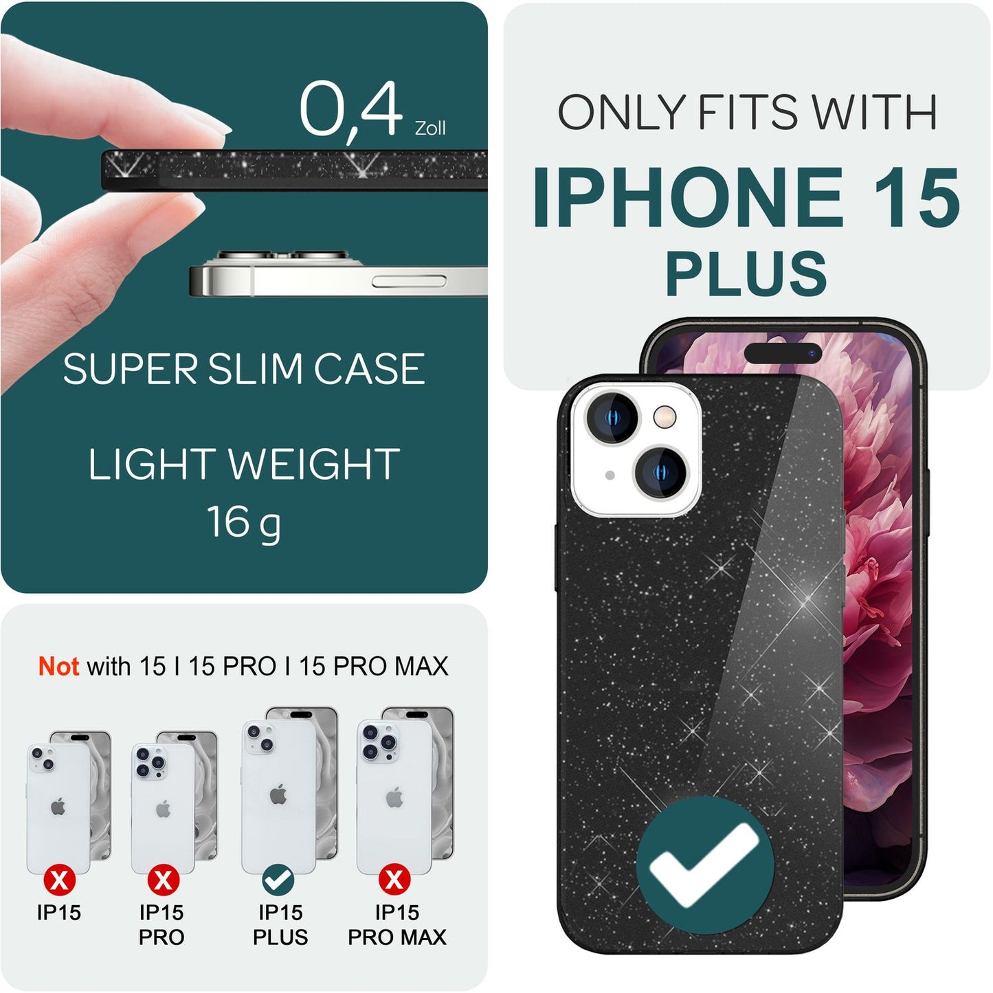 NALIA Glitzerhülle für iPhone 15 Plus – Funkelnder Glitzer-Look & Grip – SHINEPOP (Silikon Case) – Marke aus Berlin