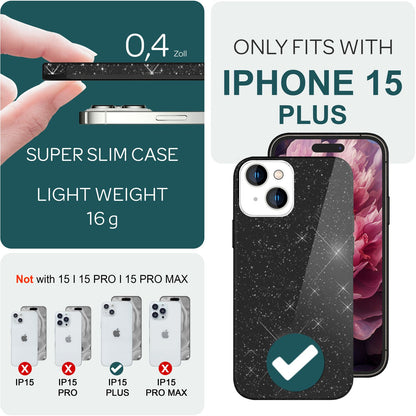 NALIA Glitzerhülle für iPhone 15 Plus – Funkelnder Glitzer-Look & Grip – SHINEPOP (Silikon Case) – Marke aus Berlin