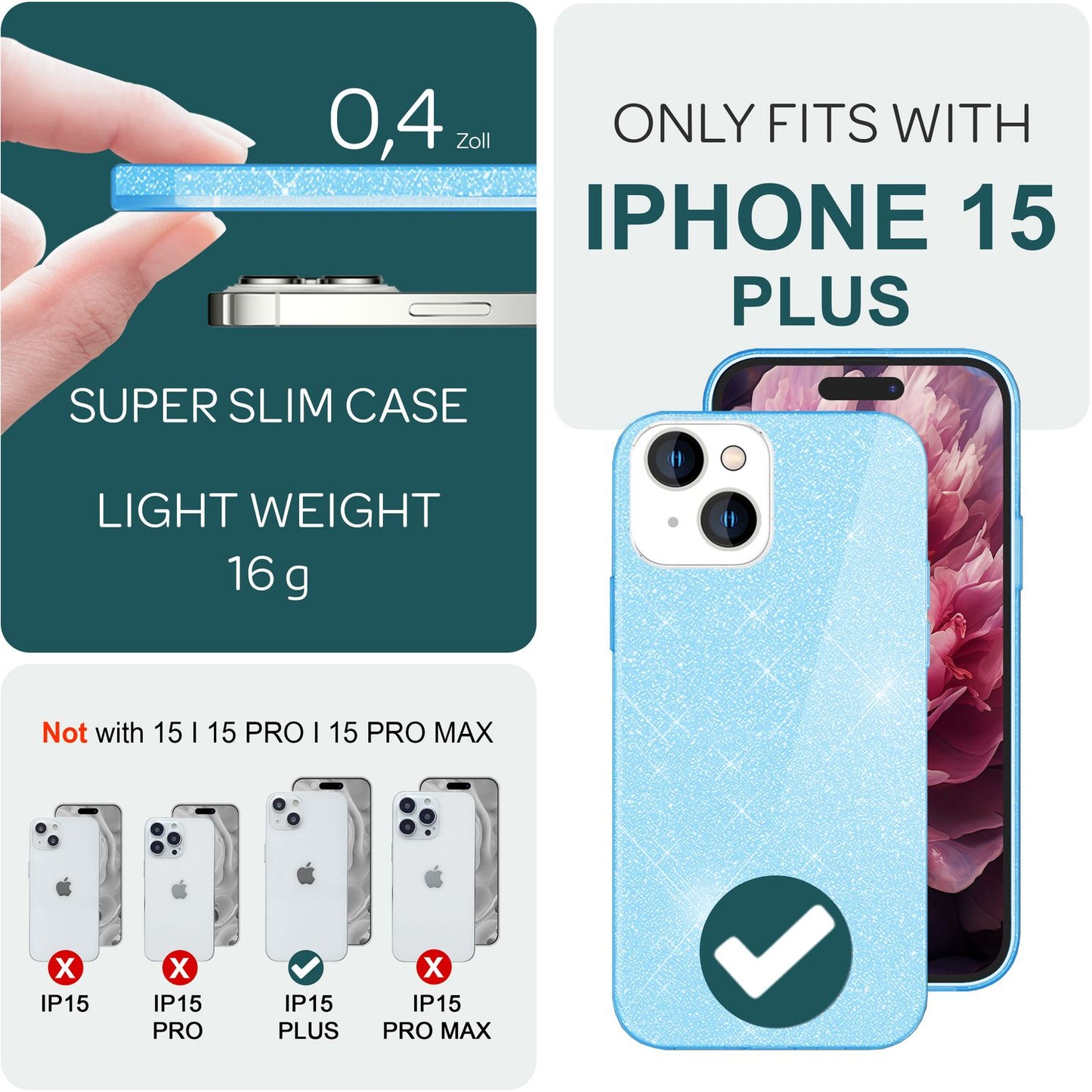 NALIA Glitzerhülle für iPhone 15 Plus – Funkelnder Glitzer-Look & Grip – SHINEPOP (Silikon Case) – Marke aus Berlin