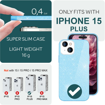 NALIA Glitzerhülle für iPhone 15 Plus – Funkelnder Glitzer-Look & Grip – SHINEPOP (Silikon Case) – Marke aus Berlin