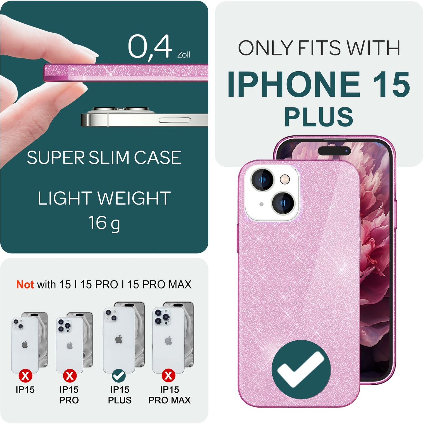 NALIA Glitzerhülle für iPhone 15 Plus – Funkelnder Glitzer-Look & Grip – SHINEPOP (Silikon Case) – Marke aus Berlin