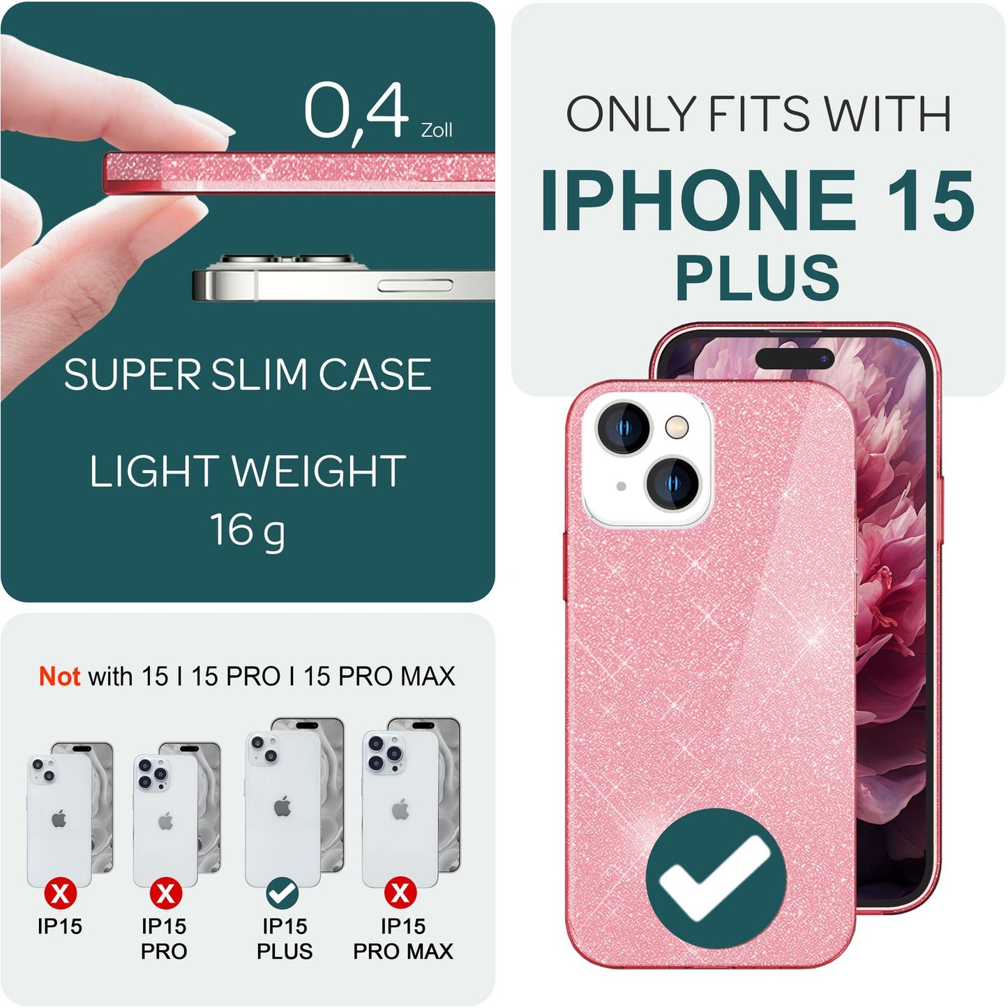 NALIA Glitzerhülle für iPhone 15 Plus – Funkelnder Glitzer-Look & Grip – SHINEPOP (Silikon Case) – Marke aus Berlin
