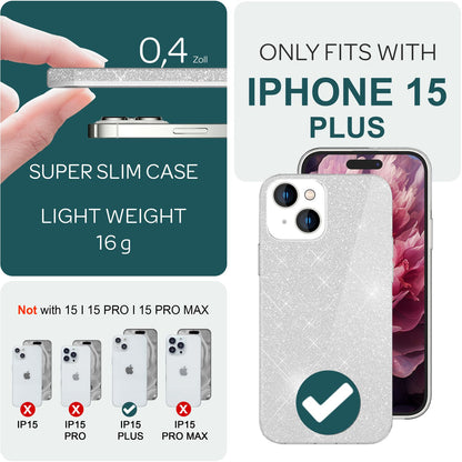 NALIA Glitzerhülle für iPhone 15 Plus – Funkelnder Glitzer-Look & Grip – SHINEPOP (Silikon Case) – Marke aus Berlin