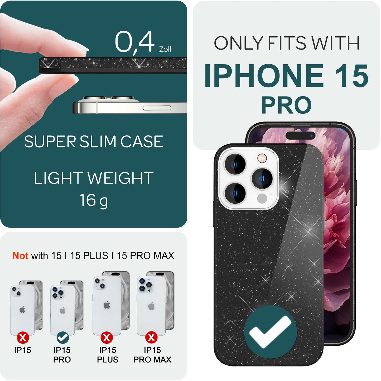 NALIA Glitzerhülle für iPhone 15 Pro – Funkelnder Glitzer-Look & Grip – SHINEPOP (Silikon Case) – Marke aus Berlin
