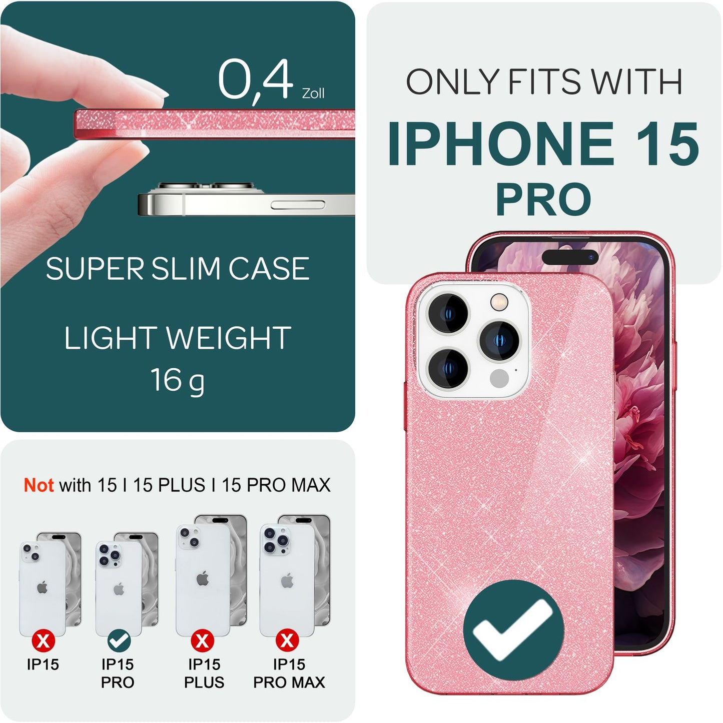 NALIA Glitzerhülle für iPhone 15 Pro – Funkelnder Glitzer-Look & Grip – SHINEPOP (Silikon Case) – Marke aus Berlin