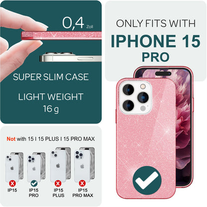NALIA Glitzerhülle für iPhone 15 Pro – Funkelnder Glitzer-Look & Grip – SHINEPOP (Silikon Case) – Marke aus Berlin
