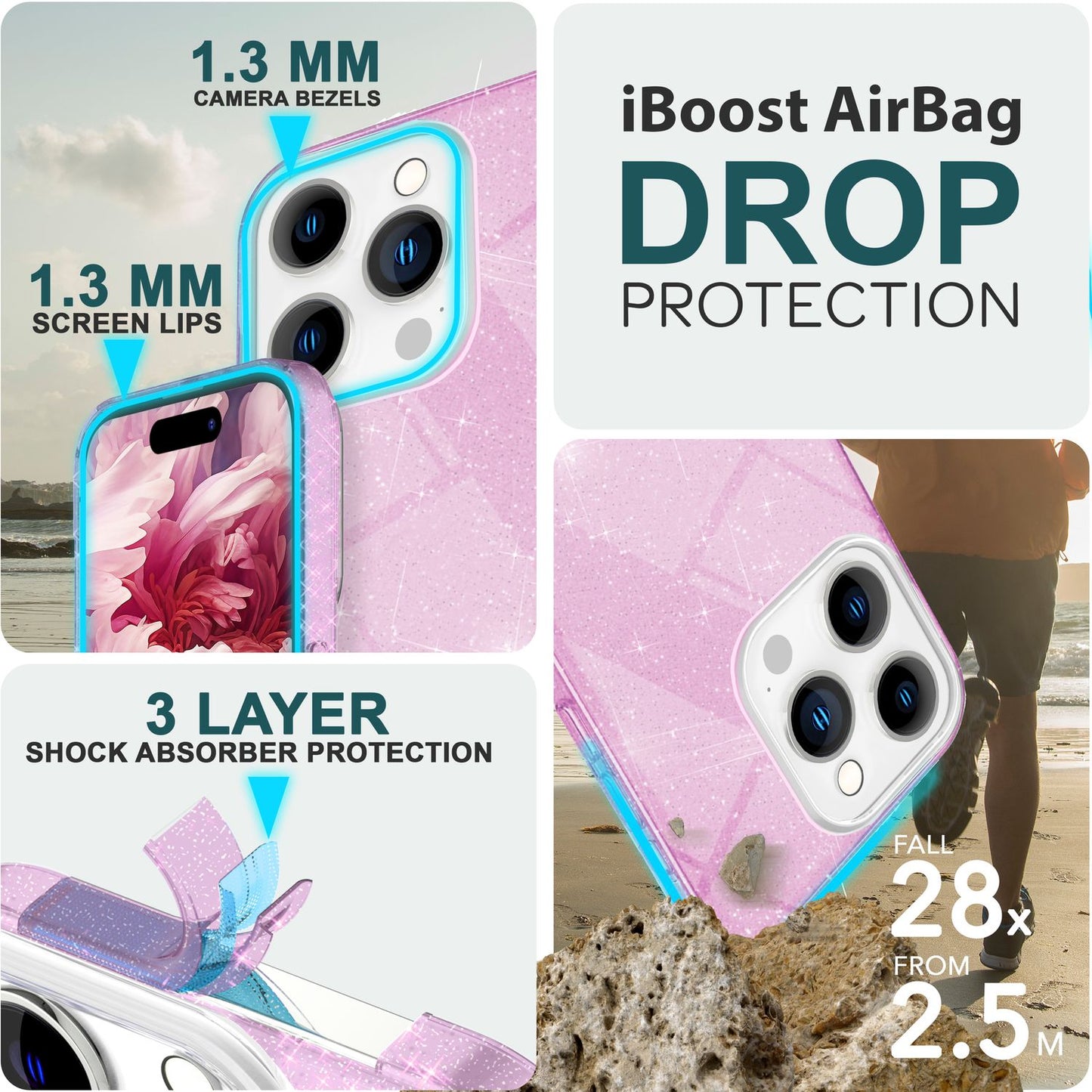 NALIA Glitzerhülle für iPhone 15 Pro – Funkelnder Glitzer-Look & Grip – SHINEPOP (Silikon Case) – Marke aus Berlin