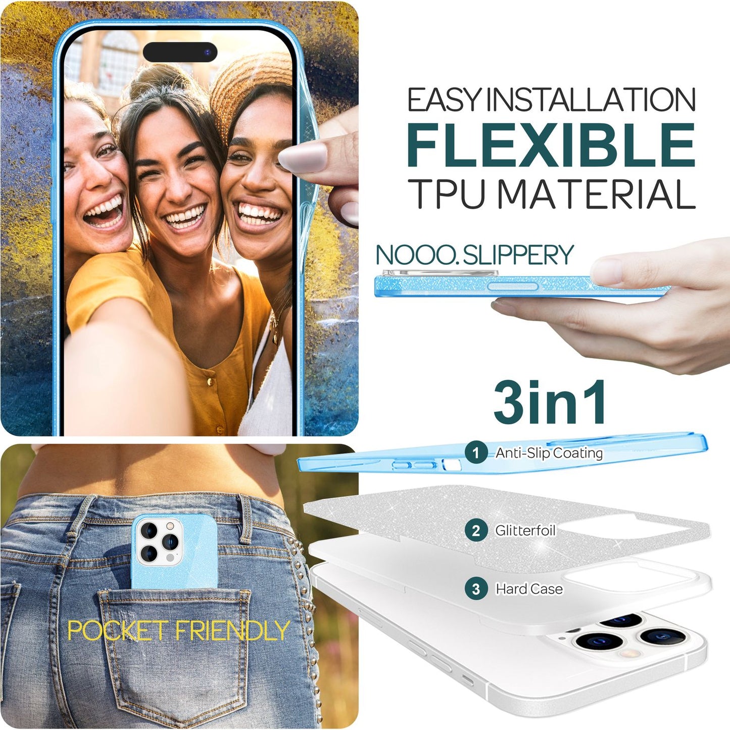 NALIA Glitzerhülle für iPhone 15 Pro – Funkelnder Glitzer-Look & Grip – SHINEPOP (Silikon Case) – Marke aus Berlin