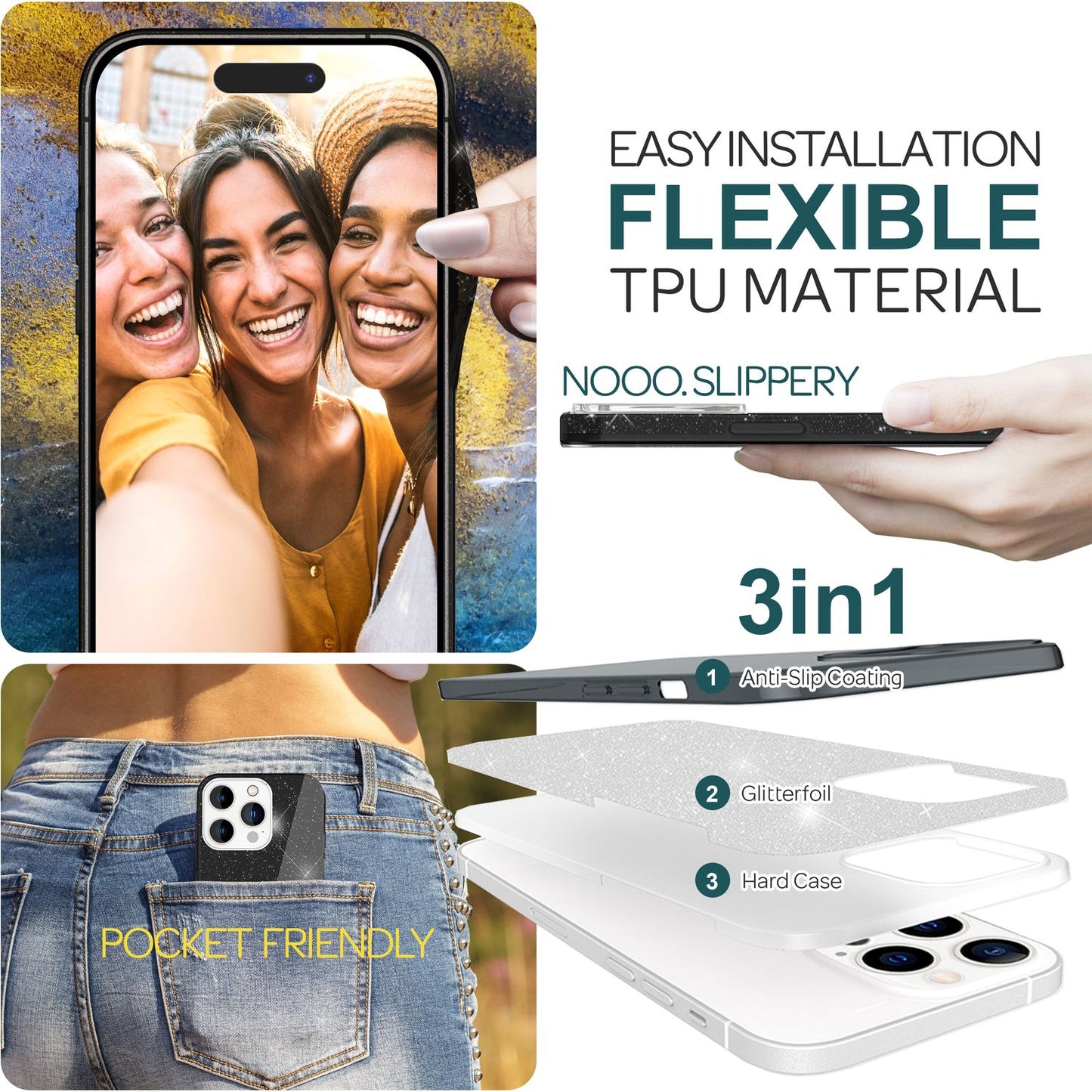 NALIA Glitzerhülle für iPhone 15 Pro – Funkelnder Glitzer-Look & Grip – SHINEPOP (Silikon Case) – Marke aus Berlin