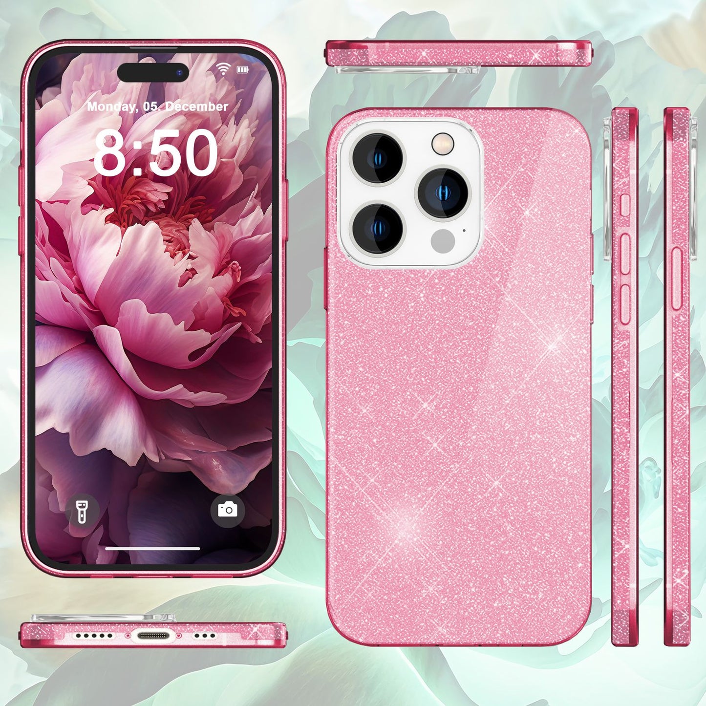 NALIA Glitzerhülle für iPhone 15 Pro – Funkelnder Glitzer-Look & Grip – SHINEPOP (Silikon Case) – Marke aus Berlin