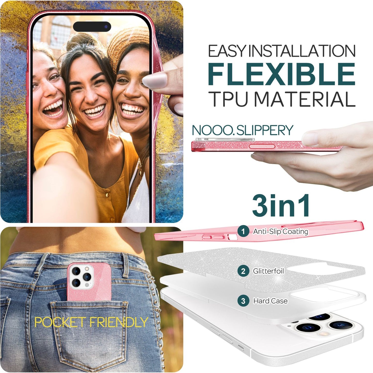 NALIA Glitzerhülle für iPhone 15 Pro Max – Funkelnder Glitzer-Look & Grip – SHINEPOP (Silikon Case) – Marke aus Berlin