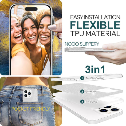 NALIA Glitzerhülle für iPhone 15 Pro Max – Funkelnder Glitzer-Look & Grip – SHINEPOP (Silikon Case) – Marke aus Berlin