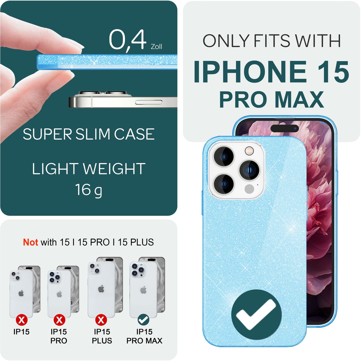 NALIA Glitzerhülle für iPhone 15 Pro Max – Funkelnder Glitzer-Look & Grip – SHINEPOP (Silikon Case) – Marke aus Berlin