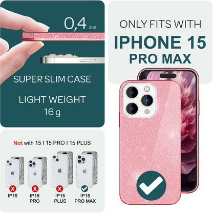 NALIA Glitzerhülle für iPhone 15 Pro Max – Funkelnder Glitzer-Look & Grip – SHINEPOP (Silikon Case) – Marke aus Berlin