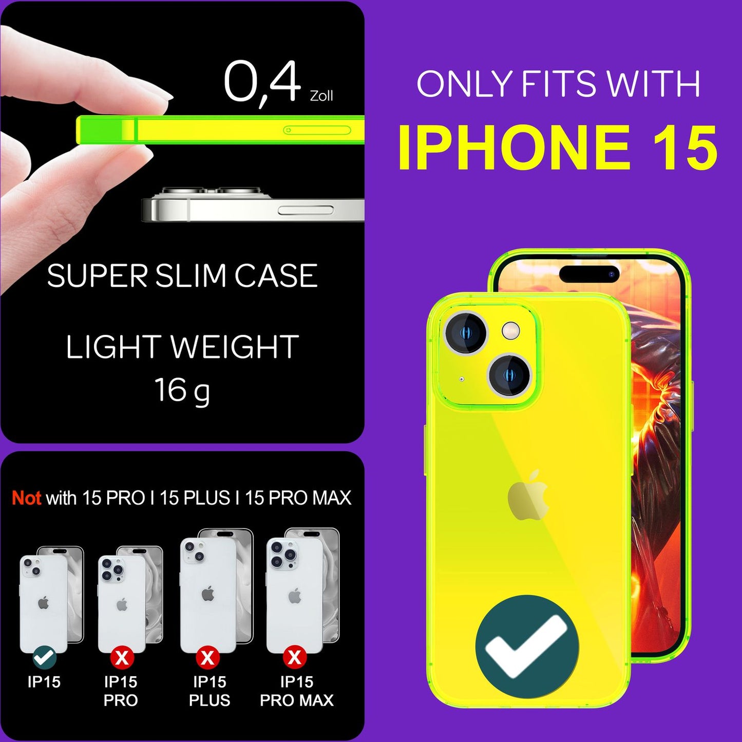 NALIA Neon Silikonhülle für iPhone 15 – Knallige Signal-Farbe & Linsenschutz – VIBE (Transparentes Case) – Marke aus Berlin