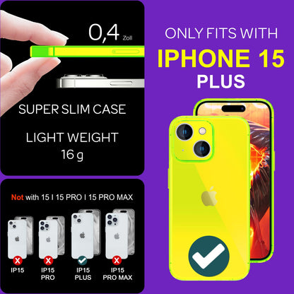 NALIA Neon Silikonhülle für iPhone 15 Plus – Knallige Signal-Farbe & Linsenschutz – VIBE (Transparentes Case) – Marke aus Berlin