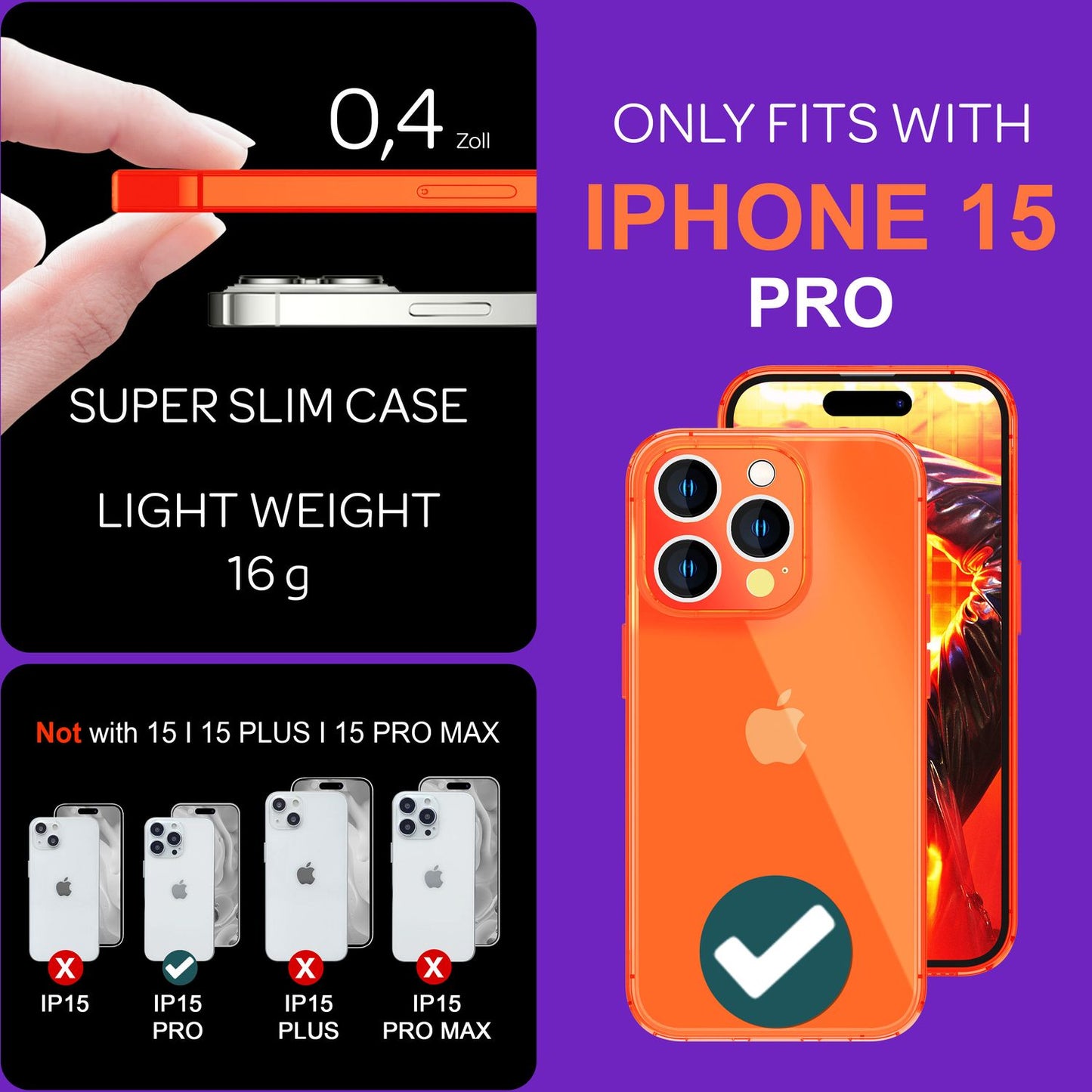 NALIA Neon Silikonhülle für iPhone 15 Pro – Knallige Signal-Farbe & Linsenschutz – VIBE (Transparentes Case) – Marke aus Berlin