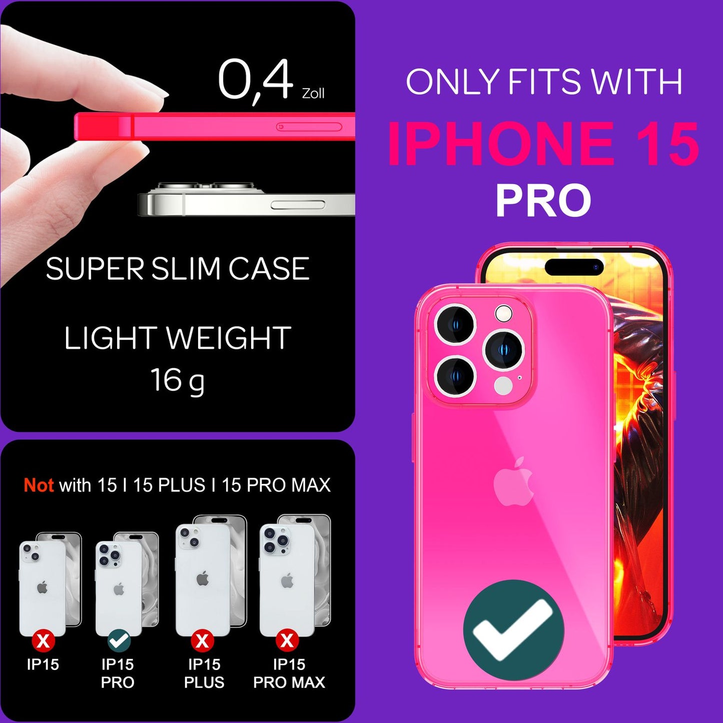 NALIA Neon Silikonhülle für iPhone 15 Pro – Knallige Signal-Farbe & Linsenschutz – VIBE (Transparentes Case) – Marke aus Berlin