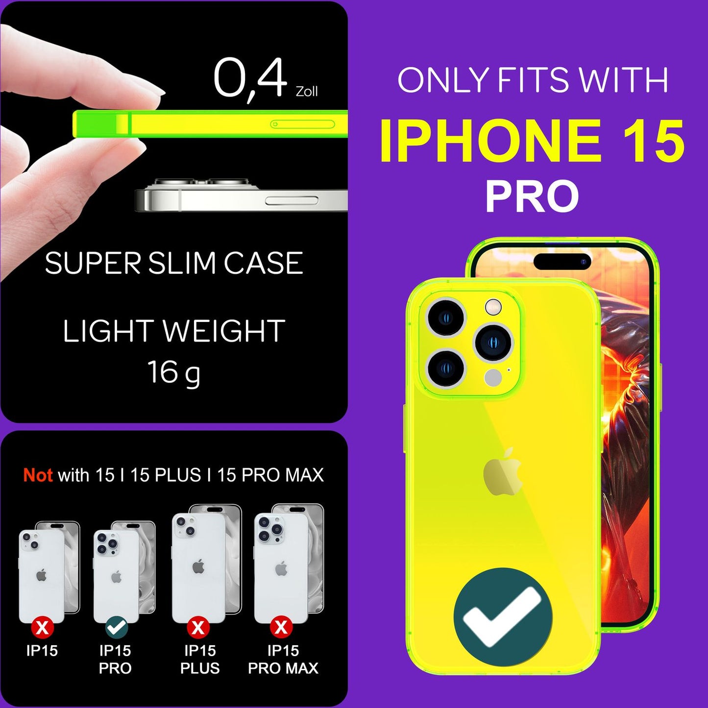 NALIA Neon Silikonhülle für iPhone 15 Pro – Knallige Signal-Farbe & Linsenschutz – VIBE (Transparentes Case) – Marke aus Berlin