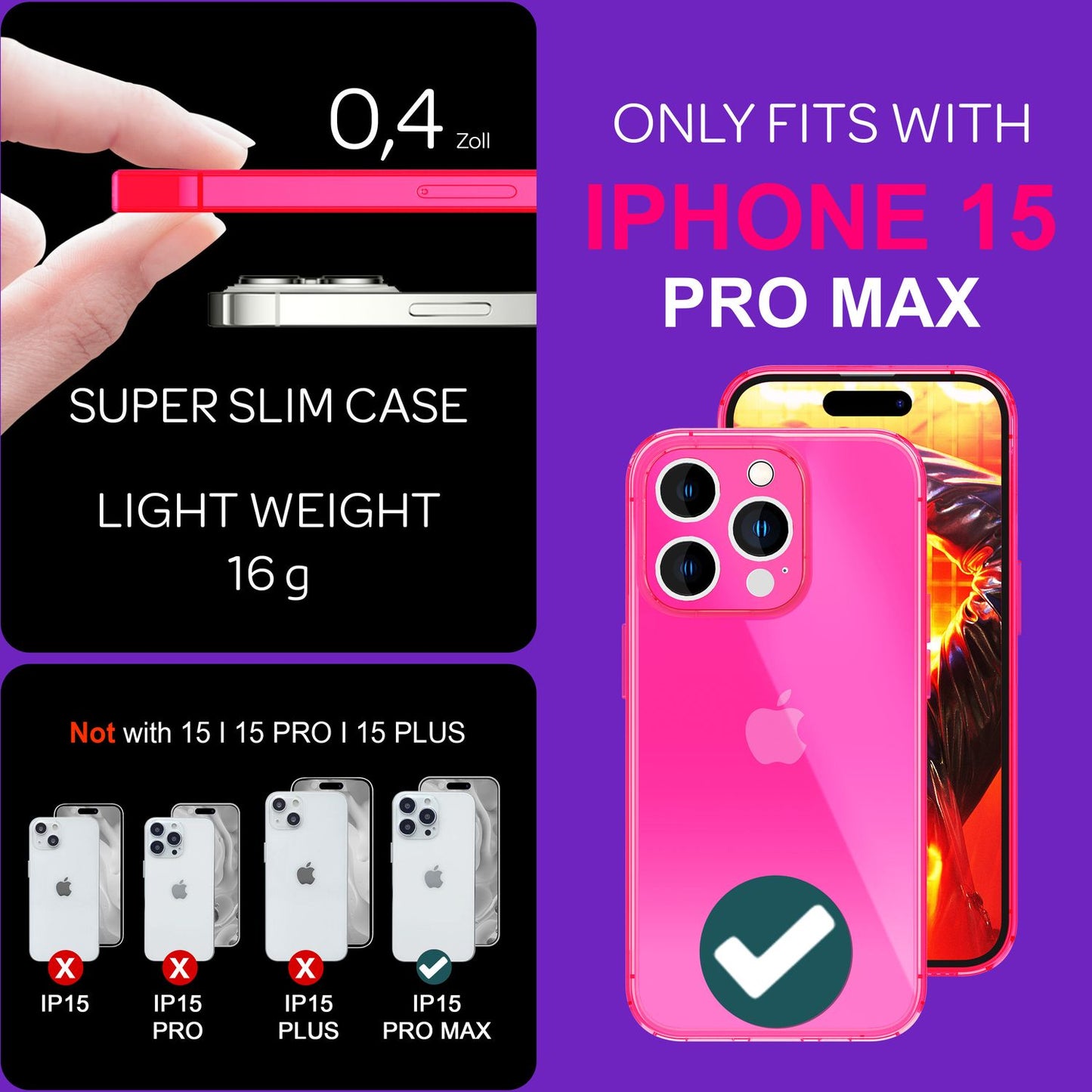 NALIA Neon Silikonhülle für iPhone 15 Pro Max – Knallige Signal-Farbe & Linsenschutz – VIBE (Transparentes Case) – Marke aus Berlin