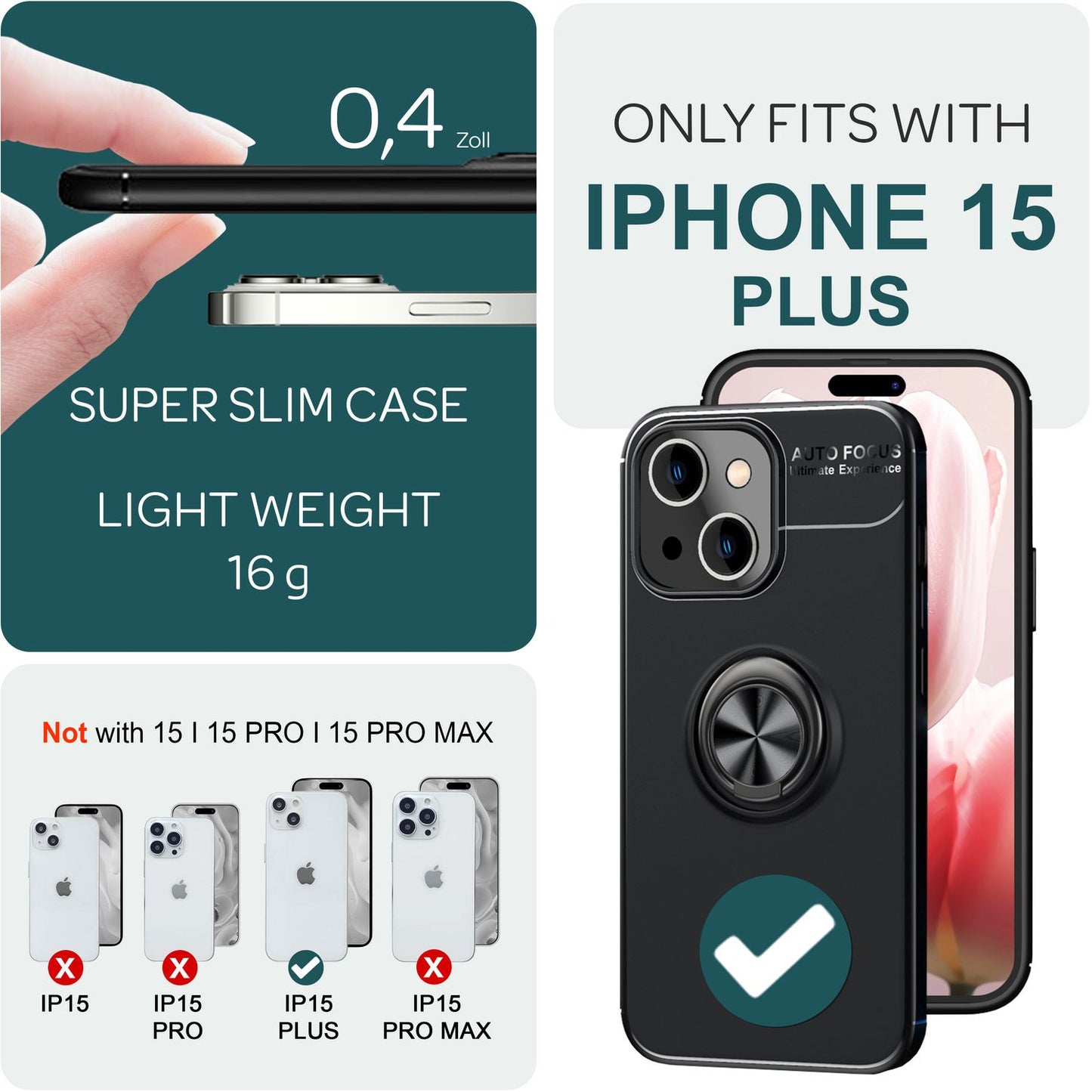NALIA Ringhülle für iPhone 15 Plus – Ring-Ständer 360° & für Magnet-Halter – GRIP360 (Mattiertes Silikon Case) – Marke aus Berlin