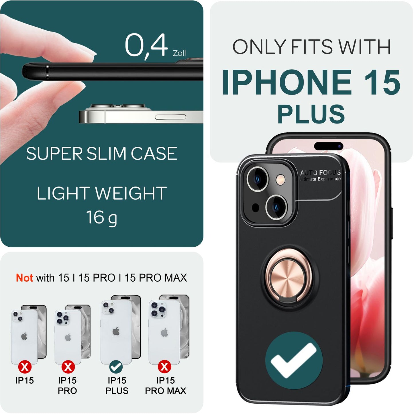 NALIA Ringhülle für iPhone 15 Plus – Ring-Ständer 360° & für Magnet-Halter – GRIP360 (Mattiertes Silikon Case) – Marke aus Berlin