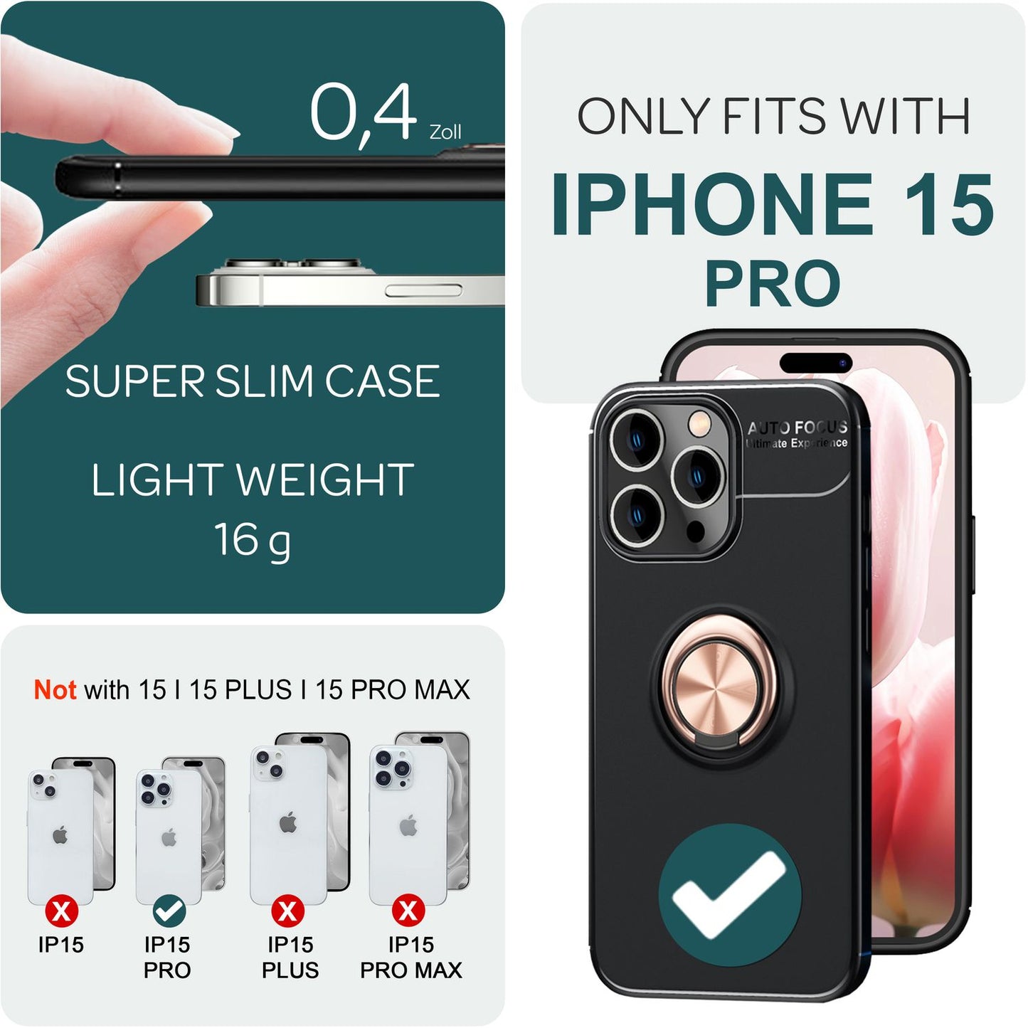 NALIA Ringhülle für iPhone 15 Pro – Ring-Ständer 360° & für Magnet-Halter – GRIP360 (Mattiertes Silikon Case) – Marke aus Berlin