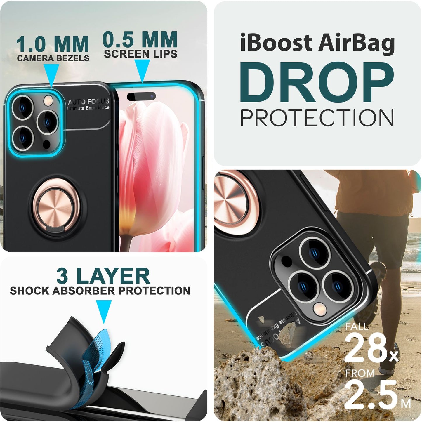 NALIA Ringhülle für iPhone 15 Pro – Ring-Ständer 360° & für Magnet-Halter – GRIP360 (Mattiertes Silikon Case) – Marke aus Berlin