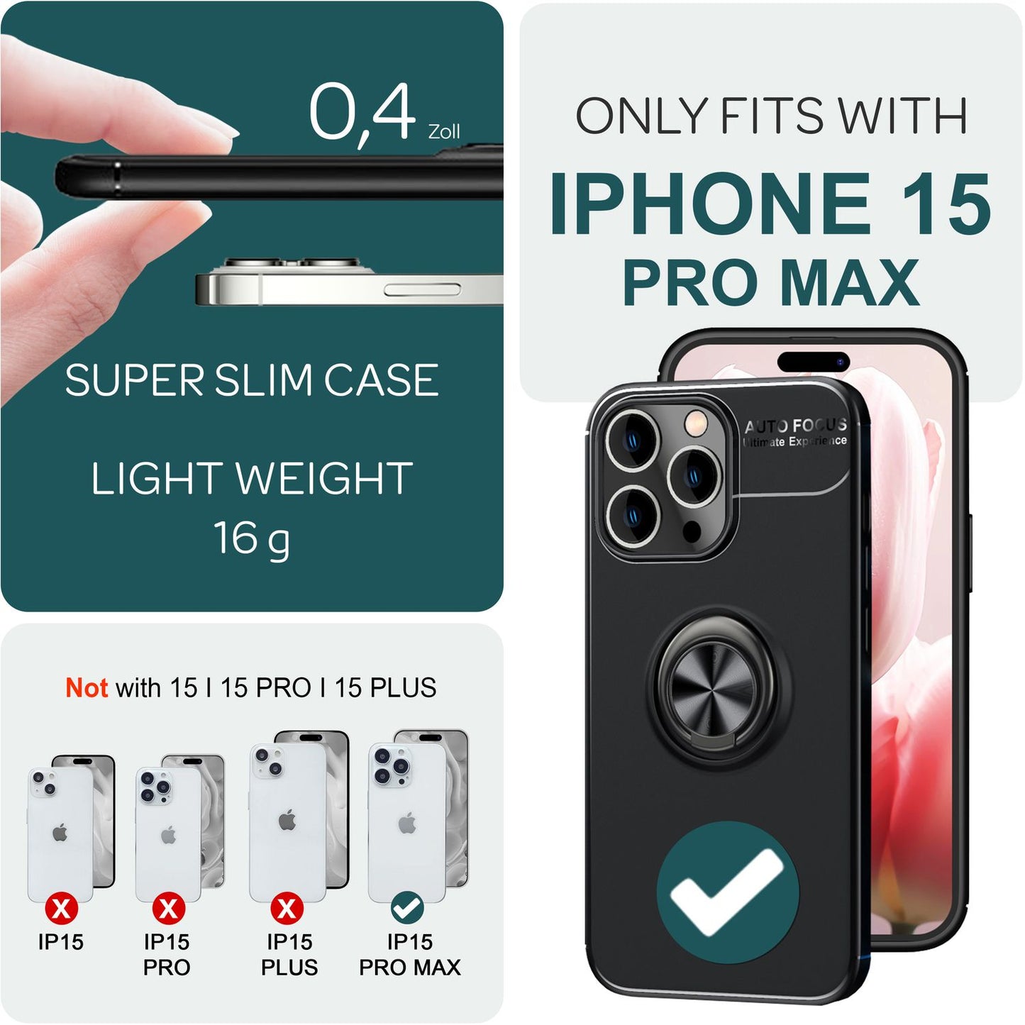 NALIA Ringhülle für iPhone 15 Pro Max – Ring-Ständer 360° & für Magnet-Halter – GRIP360 (Mattiertes Silikon Case) – Marke aus Berlin