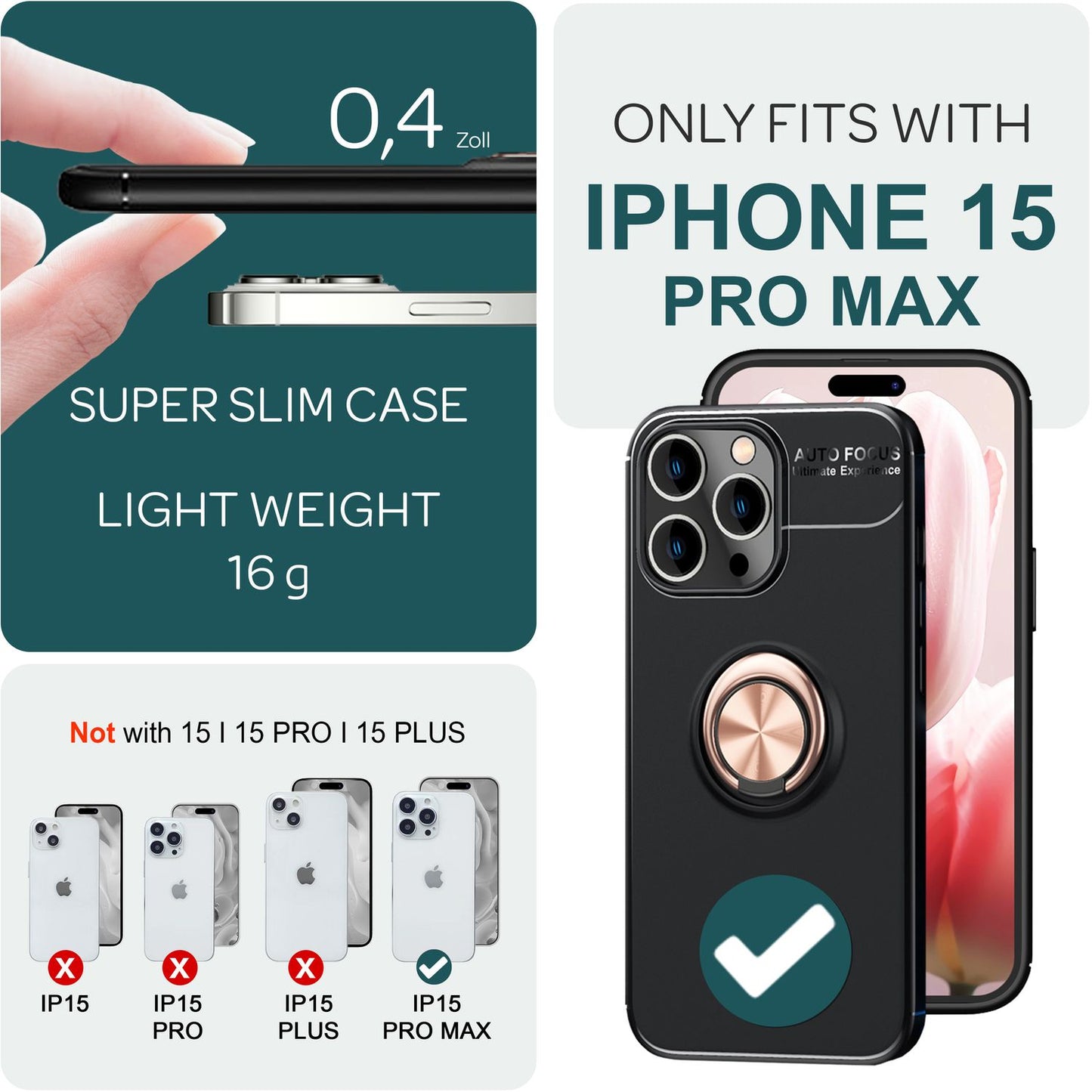 NALIA Ringhülle für iPhone 15 Pro Max – Ring-Ständer 360° & für Magnet-Halter – GRIP360 (Mattiertes Silikon Case) – Marke aus Berlin