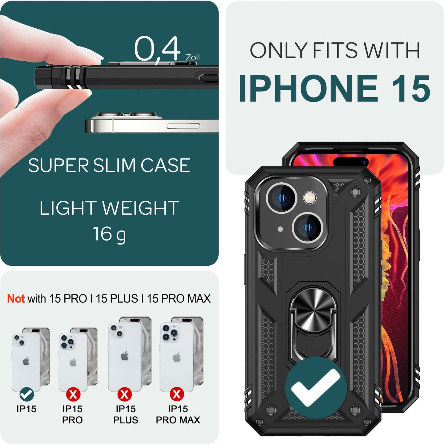 NALIA Panzerhülle für iPhone 15 – Ring-Ständer 360° & Magnet-Halterung Kompatibel – RINGDEFEND (Stoßfestes Outdoor Case) – Marke aus Berlin
