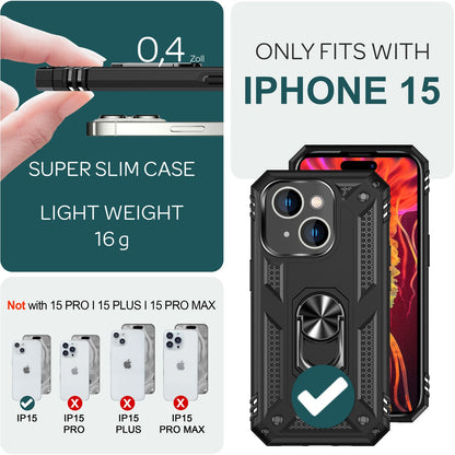 NALIA Panzerhülle für iPhone 15 – Ring-Ständer 360° & Magnet-Halterung Kompatibel – RINGDEFEND (Stoßfestes Outdoor Case) – Marke aus Berlin
