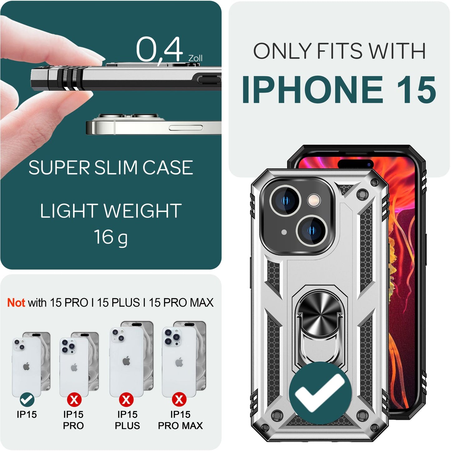 NALIA Panzerhülle für iPhone 15 – Ring-Ständer 360° & Magnet-Halterung Kompatibel – RINGDEFEND (Stoßfestes Outdoor Case) – Marke aus Berlin
