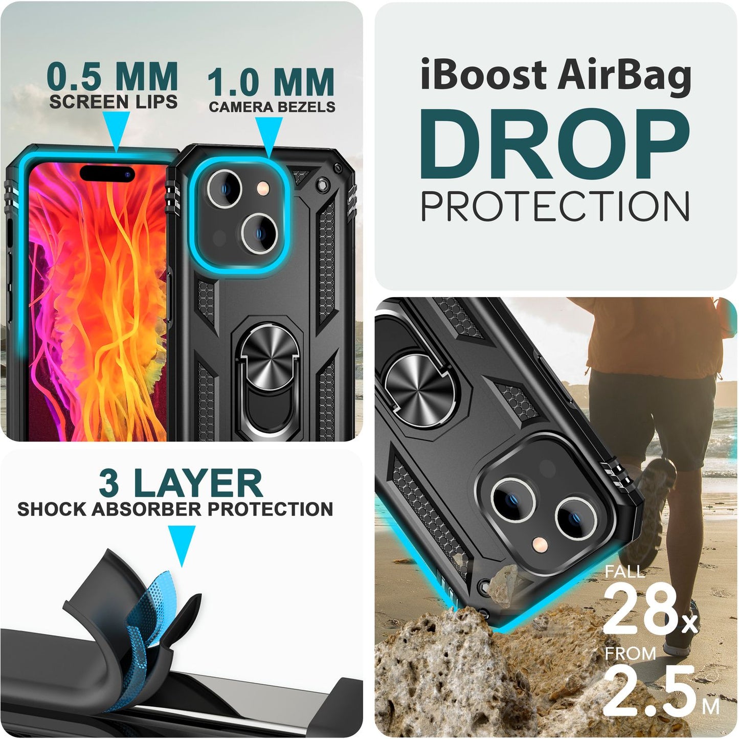 NALIA Panzerhülle für iPhone 15 – Ring-Ständer 360° & Magnet-Halterung Kompatibel – RINGDEFEND (Stoßfestes Outdoor Case) – Marke aus Berlin