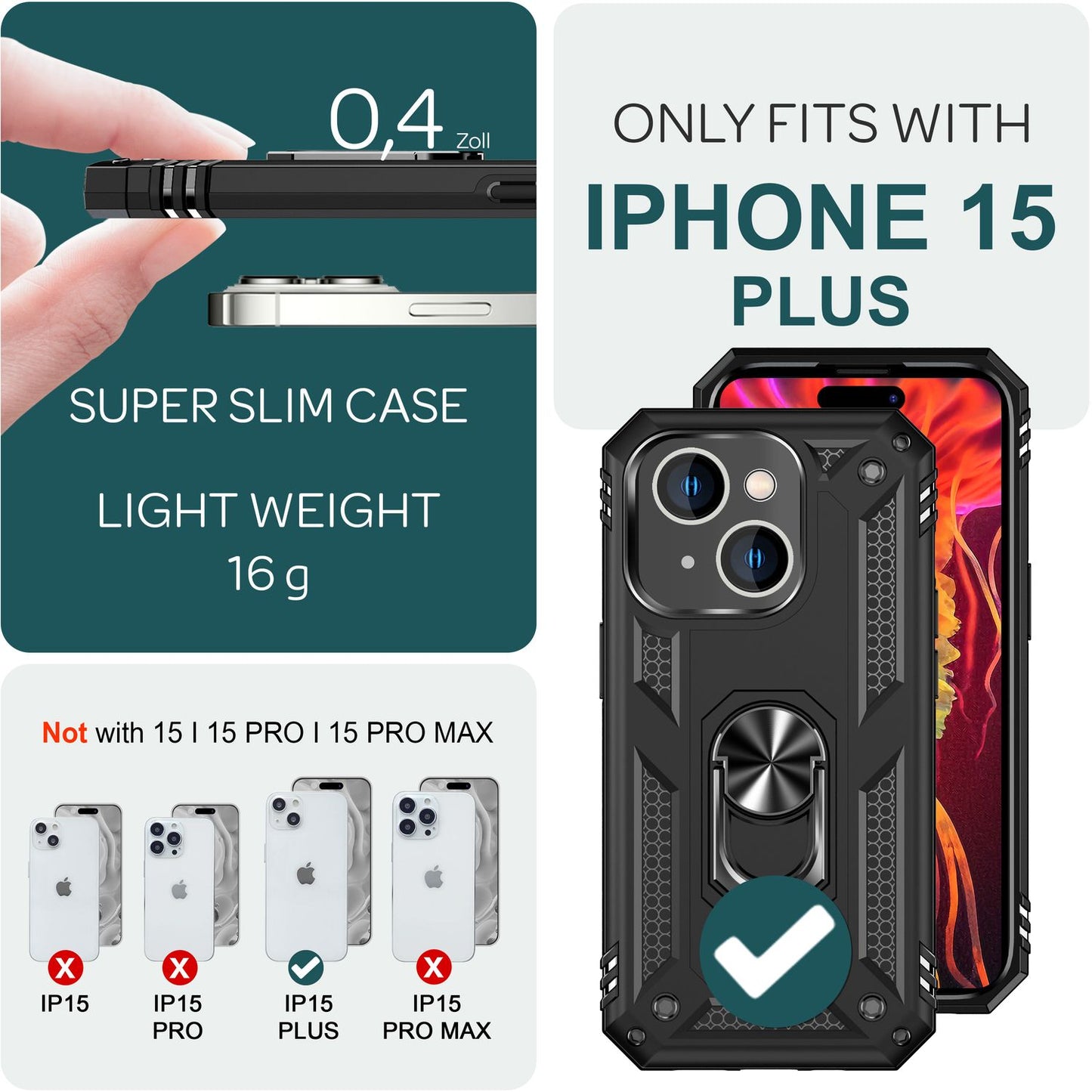 NALIA Panzerhülle für iPhone 15 Plus – Ring-Ständer 360° & Magnet-Halterung Kompatibel – RINGDEFEND (Stoßfestes Outdoor Case) – Marke aus Berlin