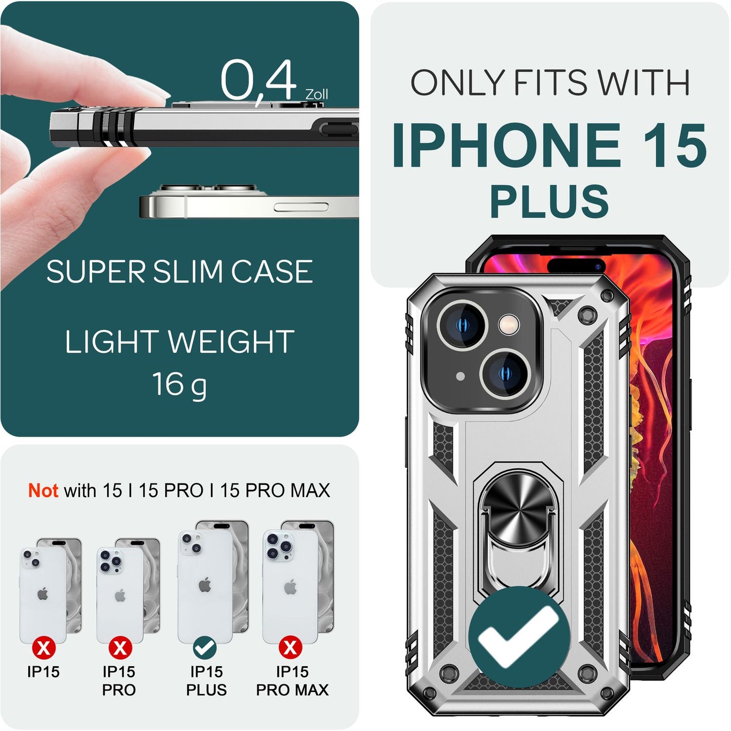 NALIA Panzerhülle für iPhone 15 Plus – Ring-Ständer 360° & Magnet-Halterung Kompatibel – RINGDEFEND (Stoßfestes Outdoor Case) – Marke aus Berlin