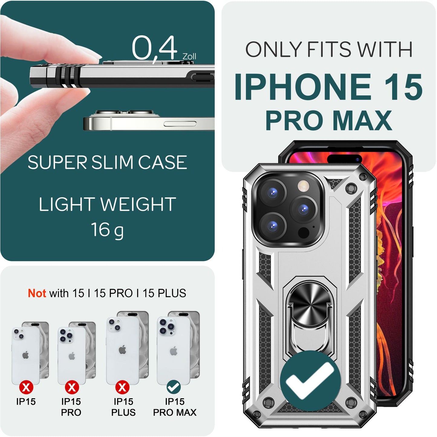 NALIA Panzerhülle für iPhone 15 Pro Max – Ring-Ständer 360° & Magnet-Halterung Kompatibel – RINGDEFEND (Stoßfestes Outdoor Case) – Marke aus Berlin