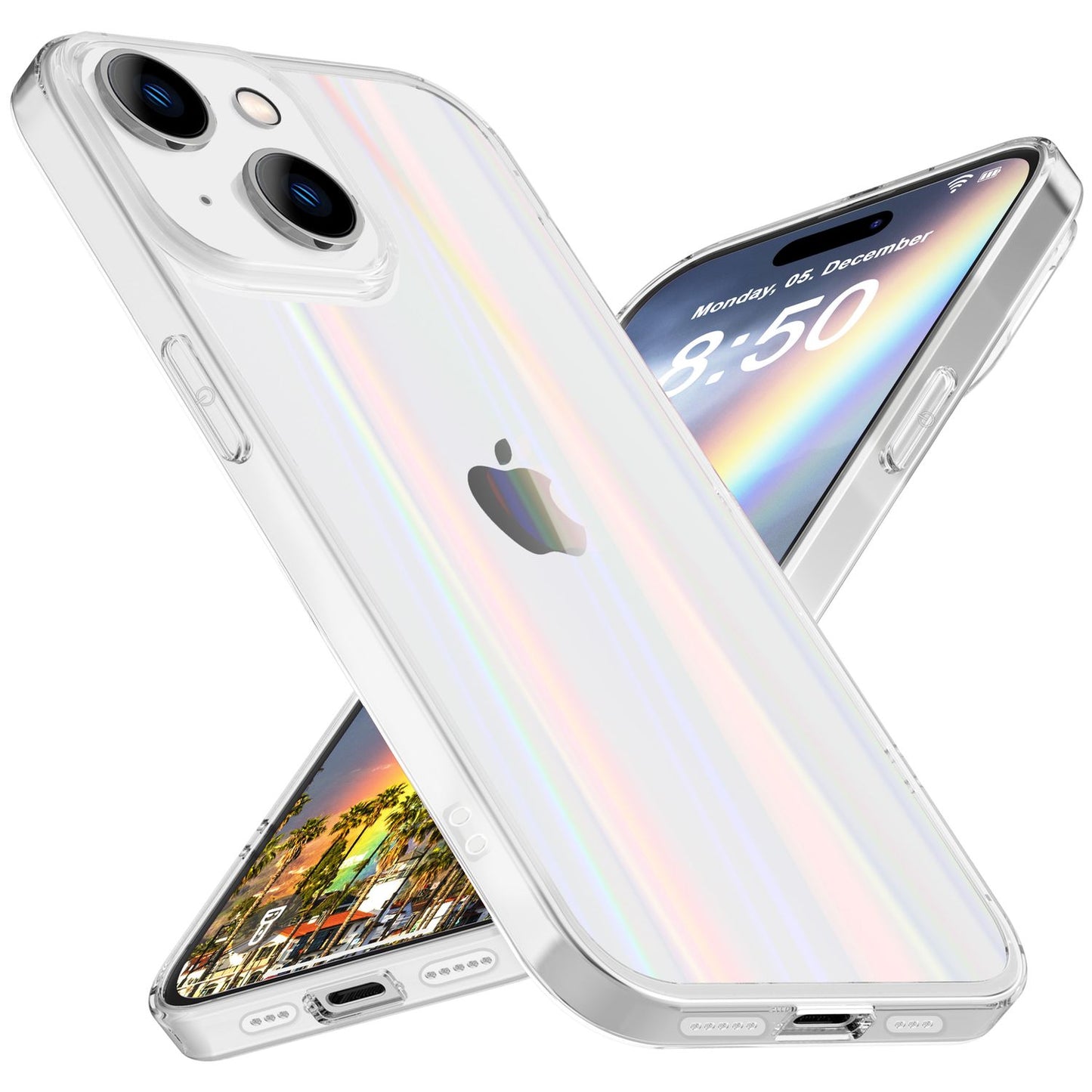 NALIA Transparente Glashülle für iPhone 15 Plus – Holografischer Prisma-Effekt (Regenbogen Schimmer) – 9H Hartglas & Anti-Gelb – AURORA – Marke aus Berlin