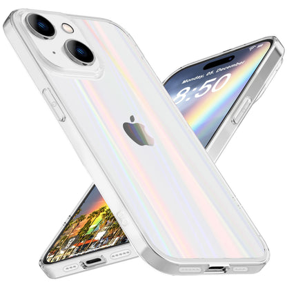 NALIA Transparente Glashülle für iPhone 15 Plus – Holografischer Prisma-Effekt (Regenbogen Schimmer) – 9H Hartglas & Anti-Gelb – AURORA – Marke aus Berlin