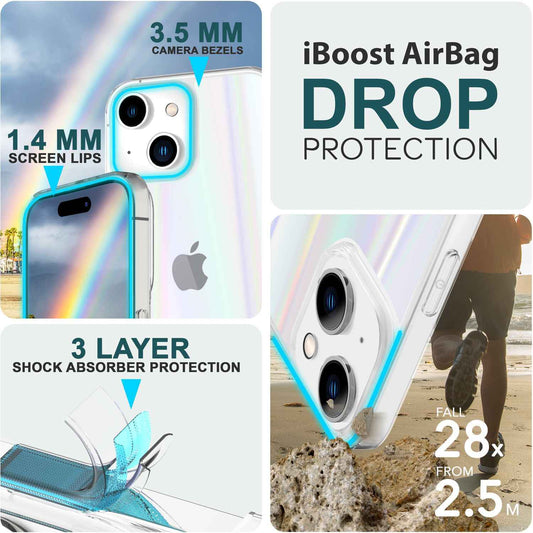NALIA Transparente Glashülle für iPhone 15 Plus – Holografischer Prisma-Effekt (Regenbogen Schimmer) – 9H Hartglas & Anti-Gelb – AURORA – Marke aus Berlin