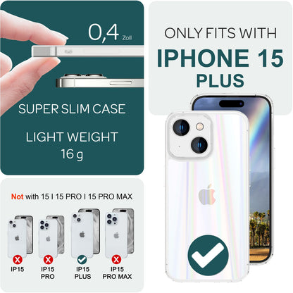 NALIA Transparente Glashülle für iPhone 15 Plus – Holografischer Prisma-Effekt (Regenbogen Schimmer) – 9H Hartglas & Anti-Gelb – AURORA – Marke aus Berlin