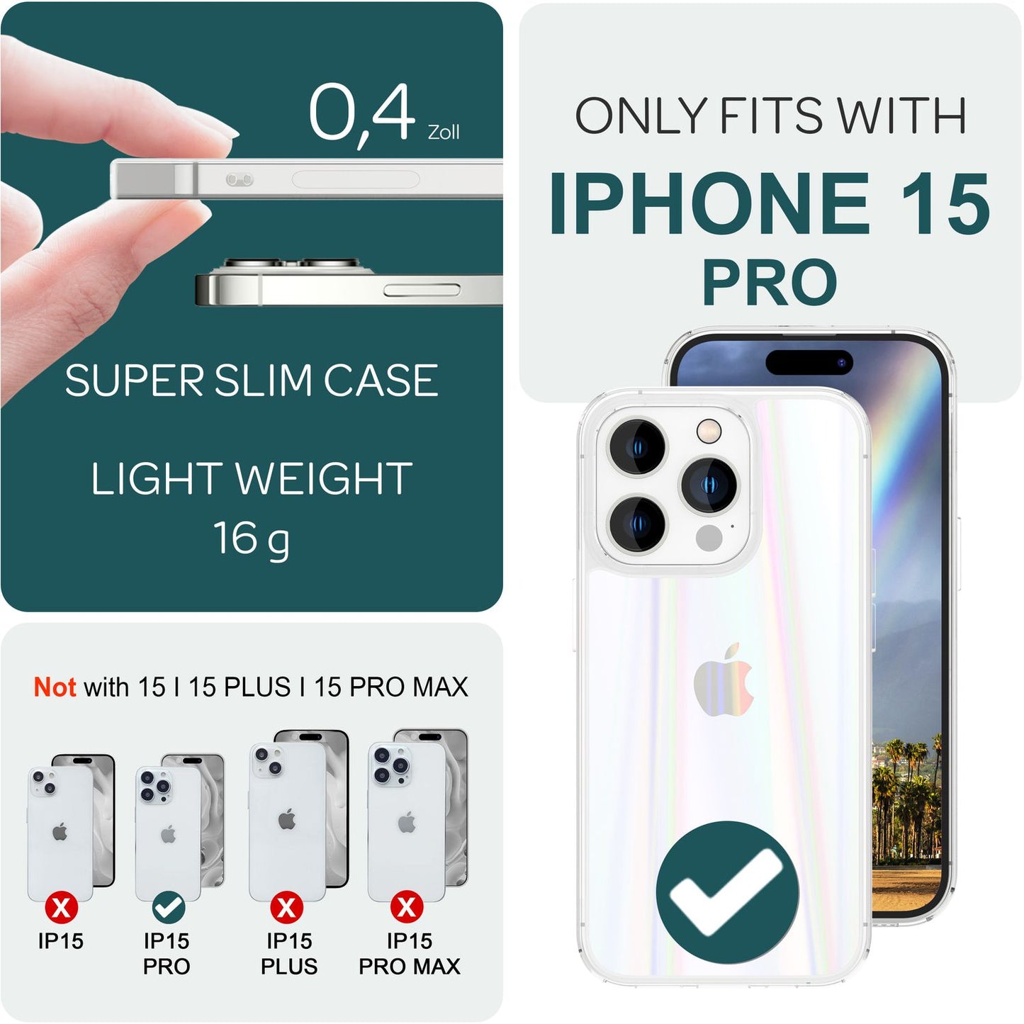 NALIA Transparente Glashülle für iPhone 15 Pro – Holografischer Prisma-Effekt (Regenbogen Schimmer) – 9H Hartglas & Anti-Gelb – AURORA – Marke aus Berlin